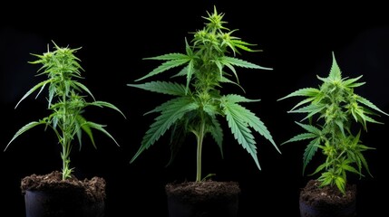 Solitary potted plant on dark background surrounded by lush foliage.