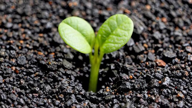 AI generated video clip of a seedling breaking through the surface of dark soil, growing upwards