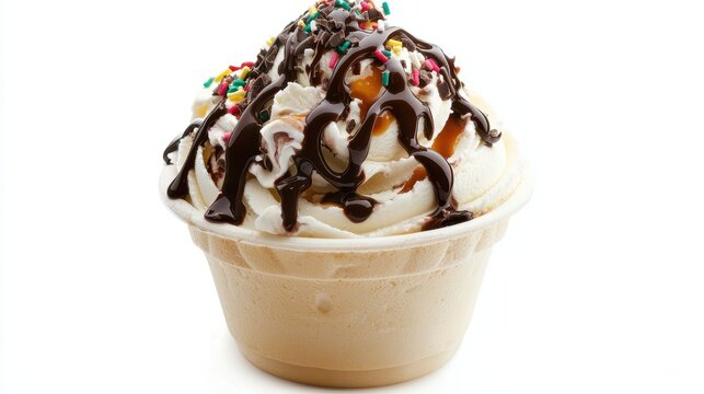 A creamy bowl of ice cream with chocolate and caramel toppings on a white isolated background