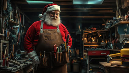 Santa Claus stands in a cluttered garage, equipped with a tool belt as he prepares for Christmas. Hands-on, behind-the-scenes look at Santas holiday preparations.