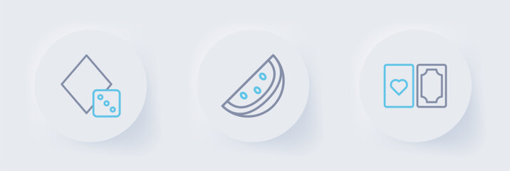 Set line Deck of playing cards, Casino slot machine with watermelon and Game dice icon. Vector