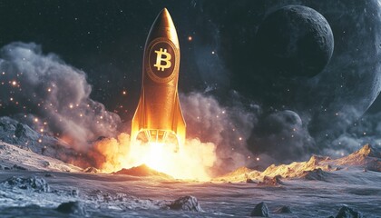 Naklejka premium Spaceship Rocket To The Moon: Bitcoin Cryptocurrency Trading For High-Flying Growth In Stock Exchange Business Finance Investment
