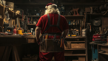Santa Claus stands in a cluttered garage, equipped with a tool belt as he prepares for Christmas. Hands-on, behind-the-scenes look at Santas holiday preparations.