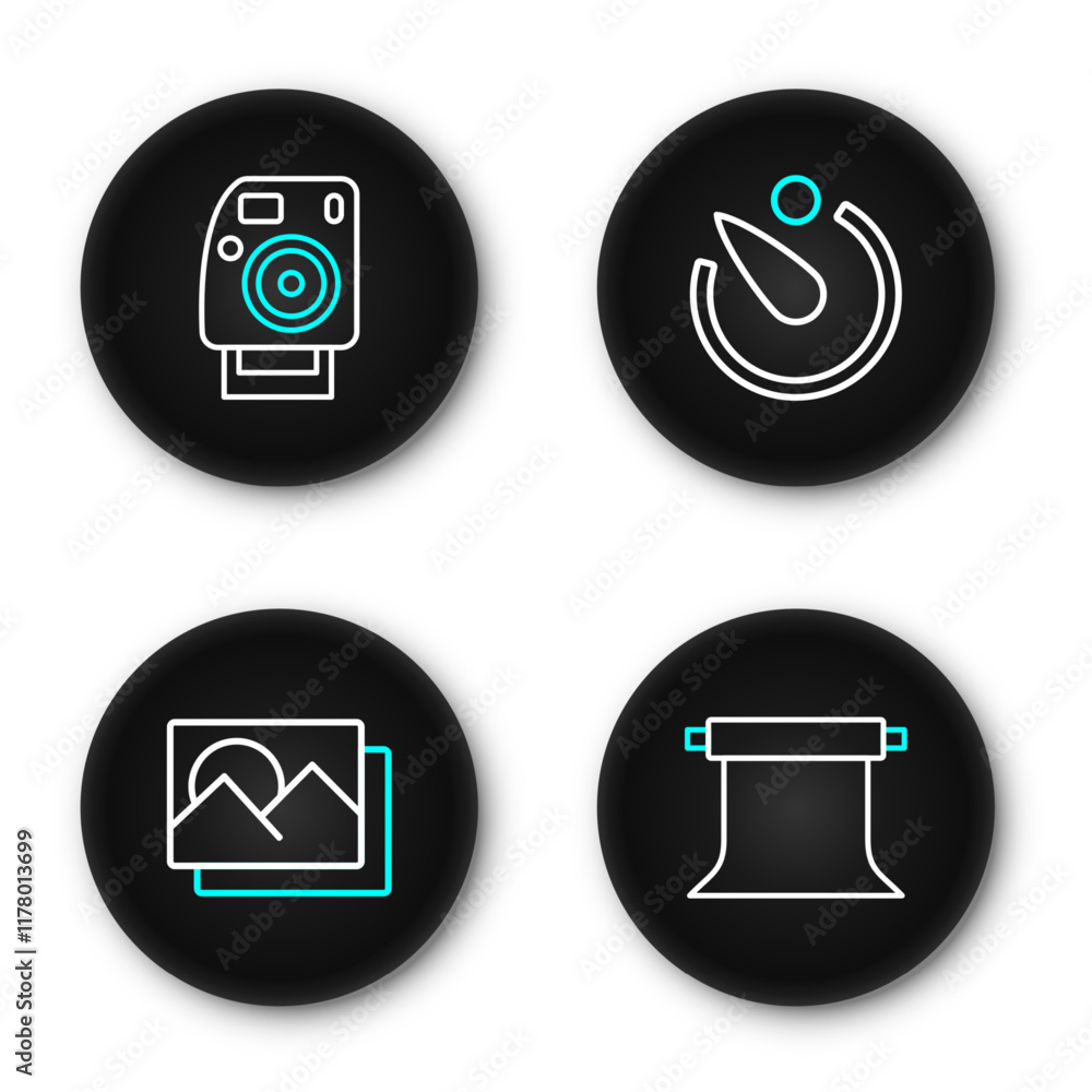 Poster set line empty photo studio, photo frame, camera timer and camera icon. vector