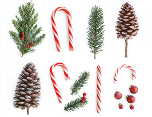 Flat lay of various red and green Christmas decorations including candy canes and pine cones on a white background. PNG transparent.