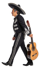 Musician walks confidently in traditional attire on transparent background