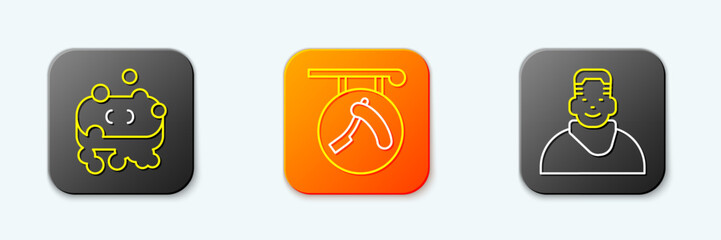 Set line Bar of soap with foam, Barbershop razor and Client in barbershop icon. Vector
