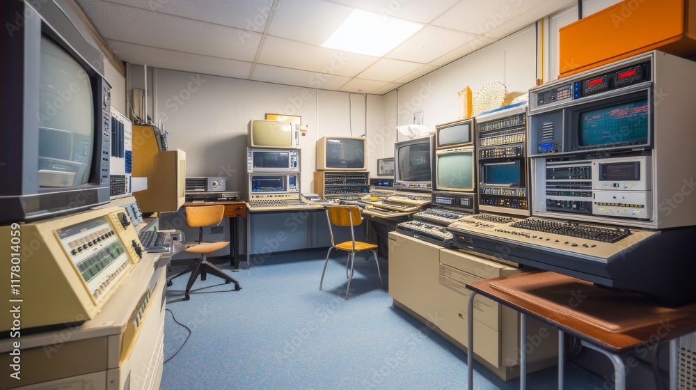 Poster data center room with server hardware, chair and desk with computer monitors. vector cartoon interio