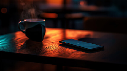 暖かい照明のカフェテーブルに置かれた黒いマスクとスマートフォン