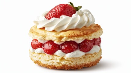 A fresh strawberry shortcake with whipped cream on a white isolated background