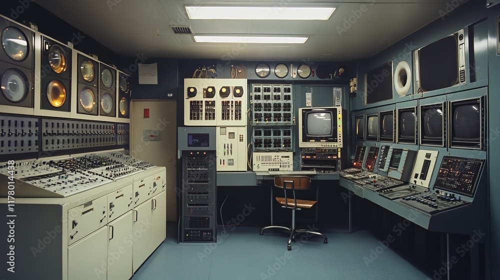 Poster data center room with server hardware, chair and desk with computer monitors. vector cartoon interio
