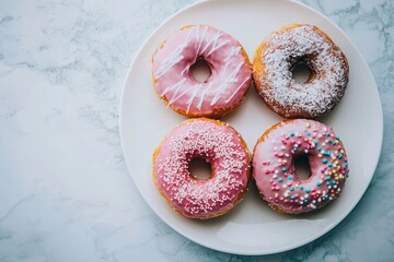 Deliciously fresh and warm donuts beautifully arranged on a crisp white plate for a tempting treat