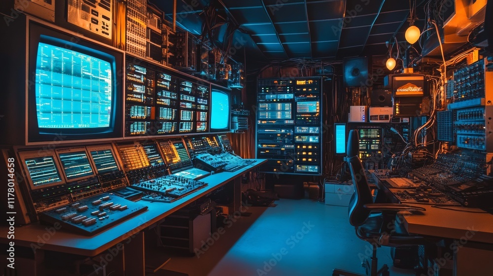 Poster data center room with server racks, computer monitors on desk and chair. vector cartoon interior of 