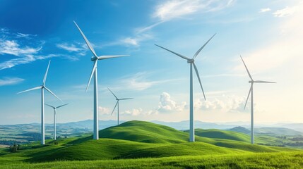 Health sustains the growth of life’s goal. Wind turbines on green hills under a clear blue sky.