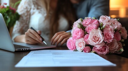  Couple signing wedding documents at a table with a beautiful pink rose bouquet, symbolizing love, commitment, marriage registration, and formal paperwork for an important life milestone.