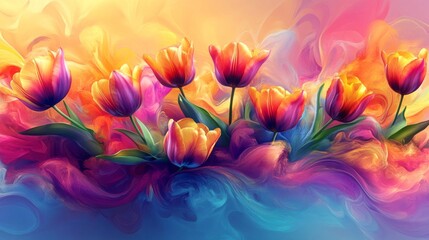 Vibrant Tulips Bloom in Abstract Colorful Swirls