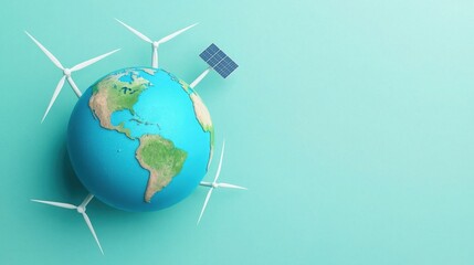 Naklejka premium Health sustains the growth of life’s goal. Sustainable energy concept with globe and wind turbines on a turquoise background.