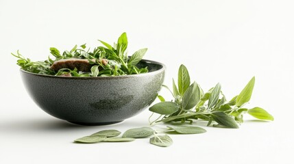 A bowl of steaming hot pho with fresh herbs and thinly sliced beef on a white isolated background
