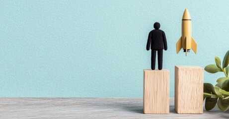 Businessman standing on a wooden block watching a rocket launch, business growth concept