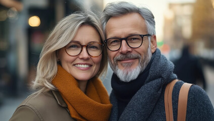 Happy senior couple wearing warm clothes smiling outdoors in winter city