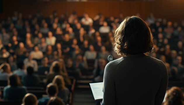 Woman Presenting At University Workshop In Lecture Hall With Audience In Conference Hall, Unidentified Participant'S Rear View. Scientific Conference Event.