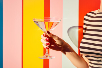 A woman with a glass of martini or cocktail on a striped colorful background. Party and celebration concept
