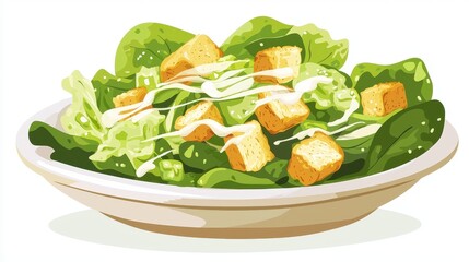 A classic Caesar salad with croutons, parmesan, and dressing on a white isolated background