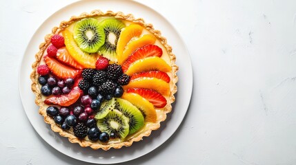 A colorful fruit tart with a crisp pastry shell on a white isolated background
