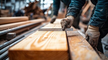  Carpenter measuring wooden plank with metal ruler in workshop. Hands wearing gloves indicate precision and focus on woodwork, with tools and materials in background of industrial workspace.