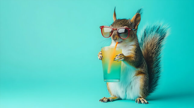 Playful squirrel wearing sunglasses sipping from a tropical drink, symbolizing energy and fun, ideal for leisure ads or summer branding