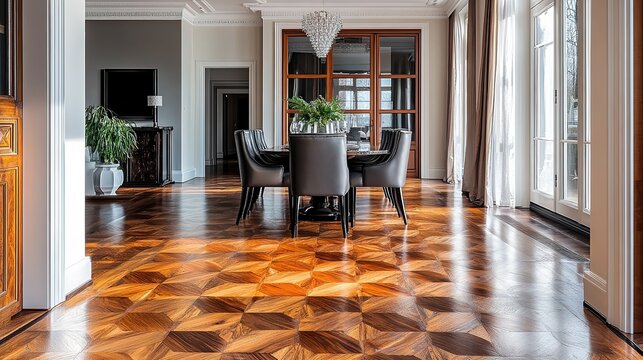  Freshly varnished parquet floor in a classic dining room, reflecting soft light, with intricate patterns showcasing craftsmanship and the rich natural tones of the polished wood.