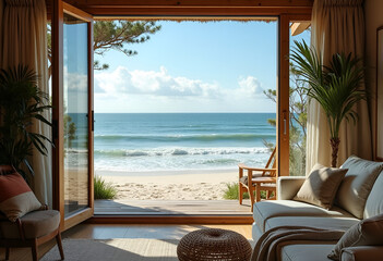 Obraz premium A house interior beach view from the window.