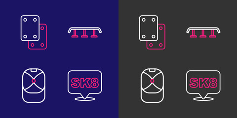 Set line Skateboard, Baseball cap, stairs with rail and Knee pads icon. Vector