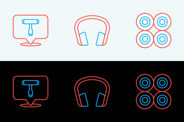 Set line Skateboard wheel, T tool and Headphones icon. Vector