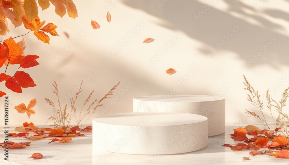 Poster autumn palette assorted shape podium with broken white for product display advertisement showcasing 