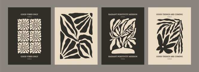 Trendy aesthetic posters with abstract groovy floral shape with flowers and leaves. Simple irregular wild plants. Black and White Naive funky prints for wall art. Boho summer illustrations