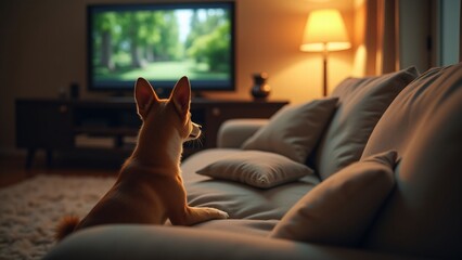 A relaxed dog sitting on the sofa, intently watching the TV. This calm and cute moment captures the tranquility of pets, perfect for celebrating National Pet Day with companionship and coziness.