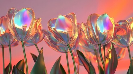 Iridescent Glass Tulips Sunset Background