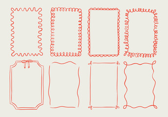 Set of elegant whimsical hand-drawn pink blue orange green color frames with wavy squiggle curly ribbons in trendy, vintage styles. Perfect for quirky holiday, wedding, birthday gift decorations