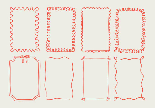 Set of elegant whimsical hand-drawn pink blue orange green color frames with wavy squiggle curly ribbons in trendy, vintage styles. Perfect for quirky holiday, wedding, birthday gift decorations
