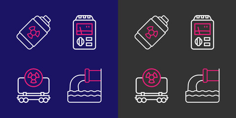 Set line Wastewater, Radioactive cargo train, Dosimeter and Nuclear energy battery icon. Vector