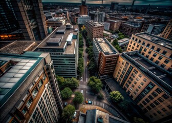Bird's eye view from helicopter of cityscape metropolis infrastructure