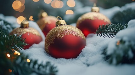  Bright red and gold Christmas ornaments covered with snow, sparkling under cold light, evoking holiday spirit and festive decor amid winter's chill.