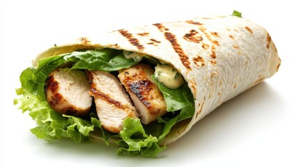 A classic Caesar wrap with grilled chicken, lettuce, and Caesar dressing on a white isolated background