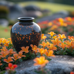 Black Cremation Urn with Orange Flowers in a Garden