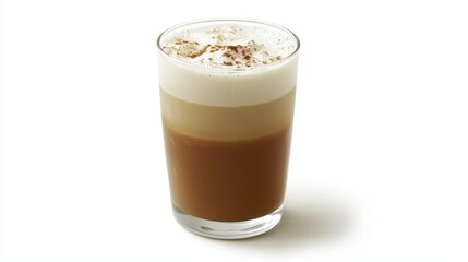 A glass of iced matcha latte with a frothy top on a white isolated background