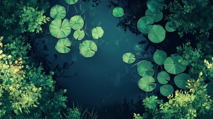 Fototapeta premium Swamp or lake top view with nenuphars or water lily pads. Natural background with deep marsh and lotus leaves, wild pond covered with duckweed and green waterlily plants, Cartoon vector illustration