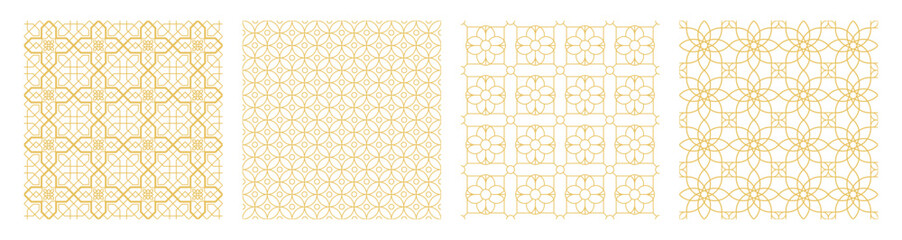 Collection of Arabic geometric mosaic printable seamless pattern with abstract Moroccan print in gold colors. Ramadan Kareem Traditional Islamic art Illustration background