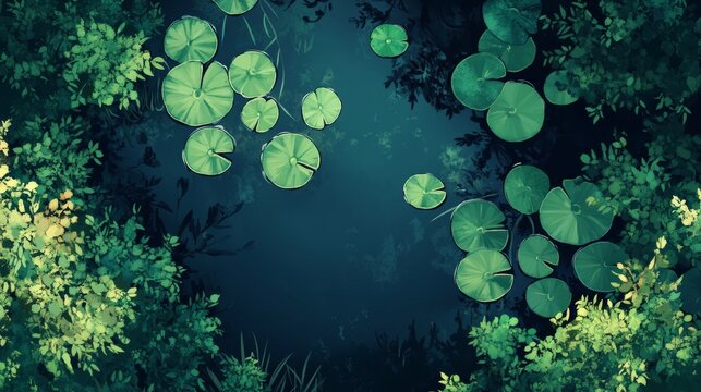 Swamp or lake top view with nenuphars or water lily pads. Natural background with deep marsh and lotus leaves, wild pond covered with duckweed and green waterlily plants, Cartoon vector illustration