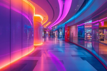 Futuristic retail corridor  a vibrant fusion of light and technology in modern shopping experiences